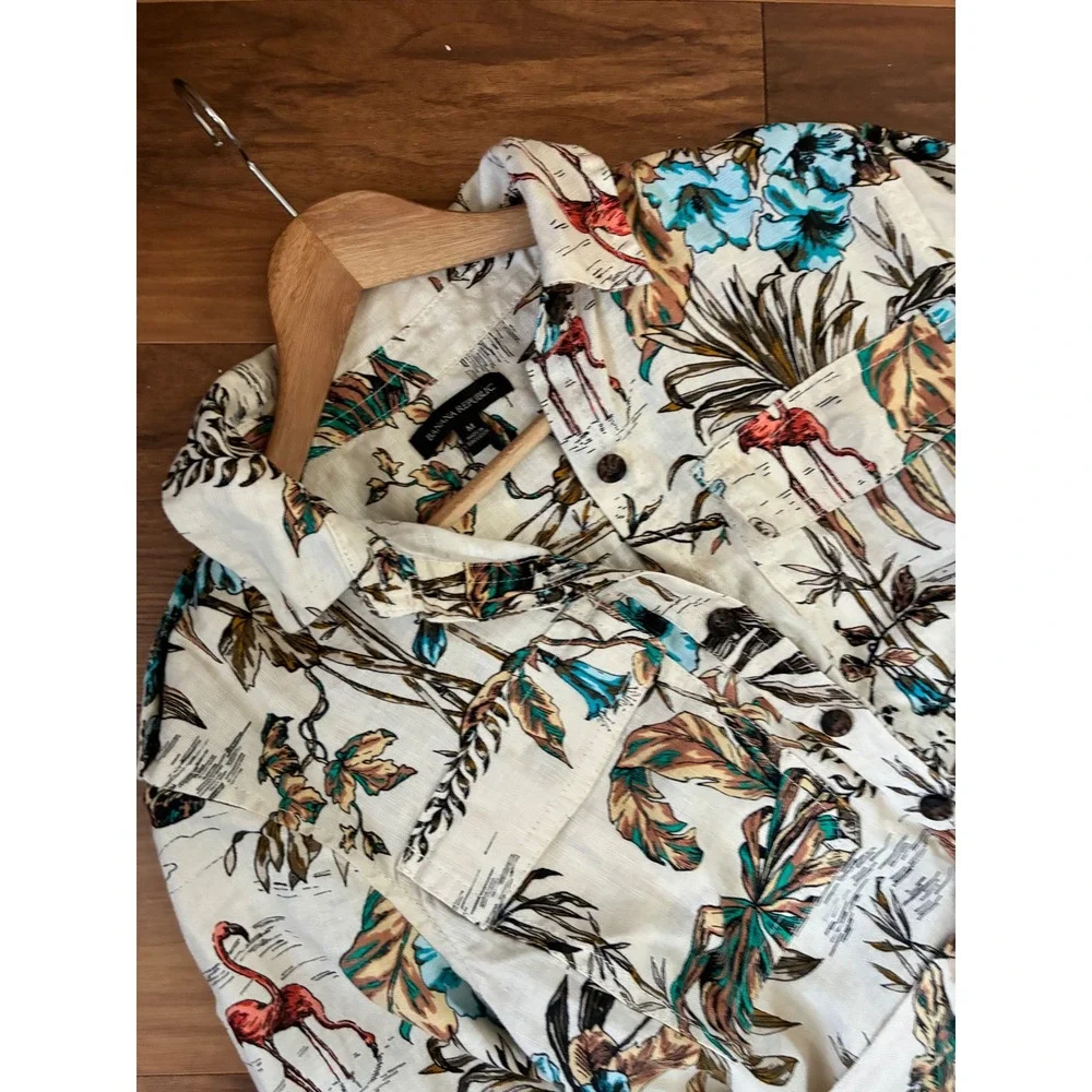 Banana Republic Linen Tropical Flamingo Print Belted Romper Size M Vacations
